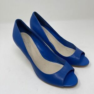 Aldo Women's Peep Toe Pump Stacked Heels Slip On Leather Blue Size EU 38